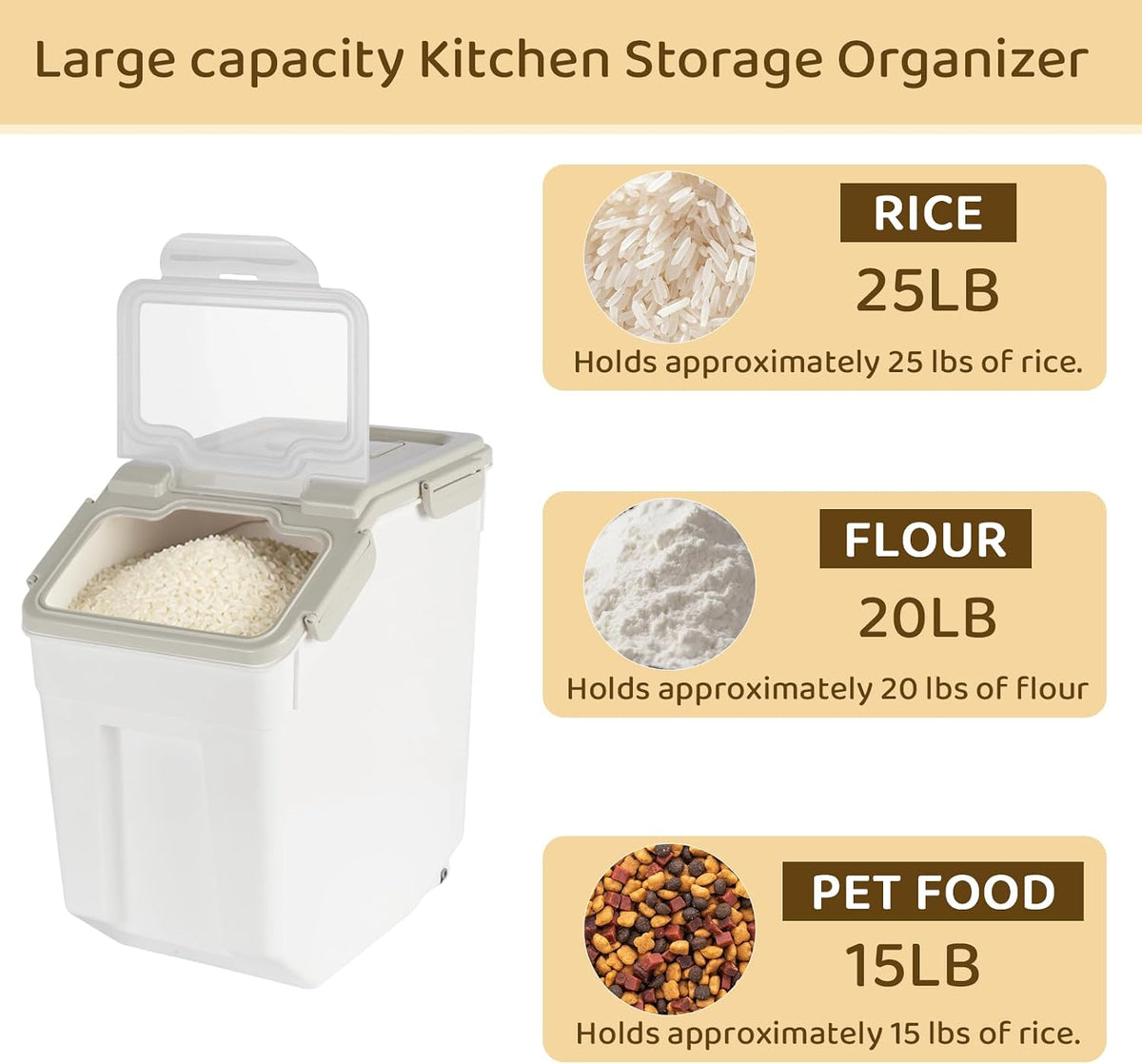 Rice Storage Container 25 lbs, Grey, 2 Pack | Airtight, with Wheels, Locking Lid, Measuring Cup Included, for Flour Sugar Grain Cereal