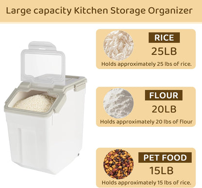 Rice Storage Container 25 lbs, Grey, 2 Pack | Airtight, with Wheels, Locking Lid, Measuring Cup Included, for Flour Sugar Grain Cereal