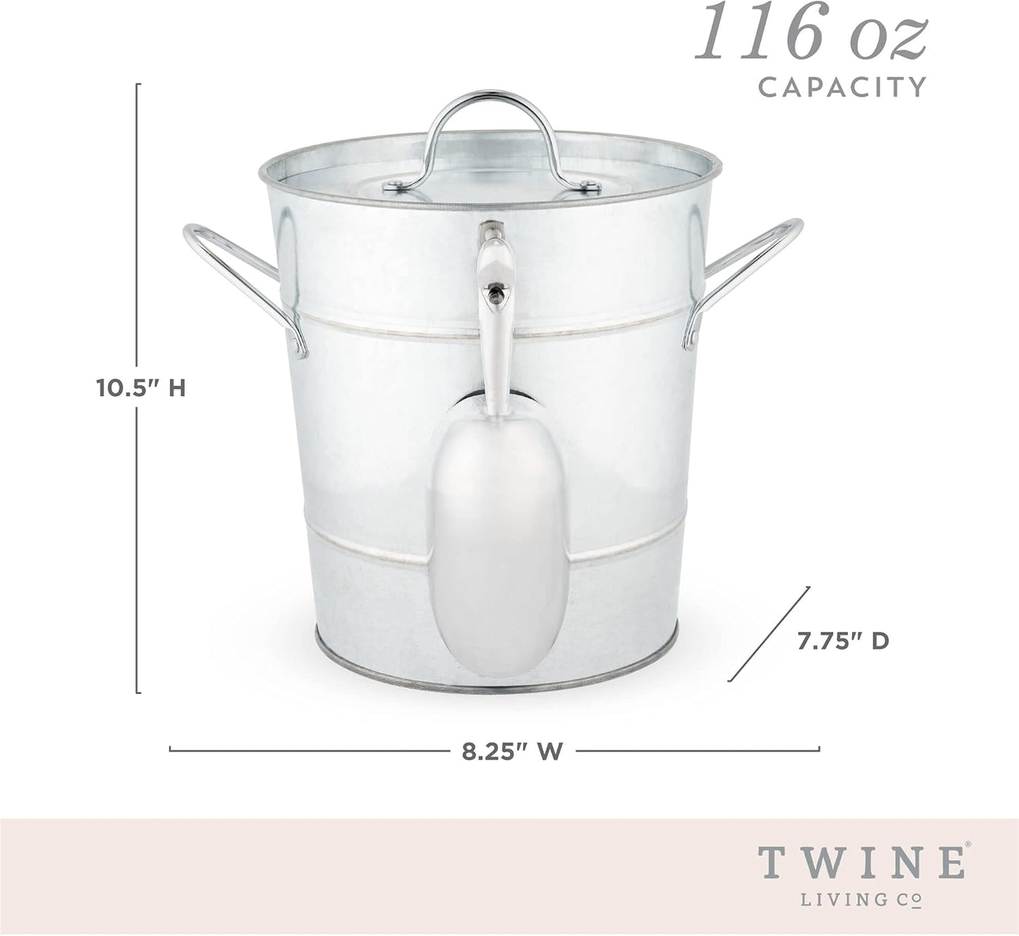 Twine Insulated Ice Bucket with Lid, Scoop & Handles for Beer, Wine, Champagne, Beverages, 1 Gal Galvanized Metal Bucket, Steel Ice Container for BBQs, Indoor & Outdoor Party Supplies, Bar Accessories