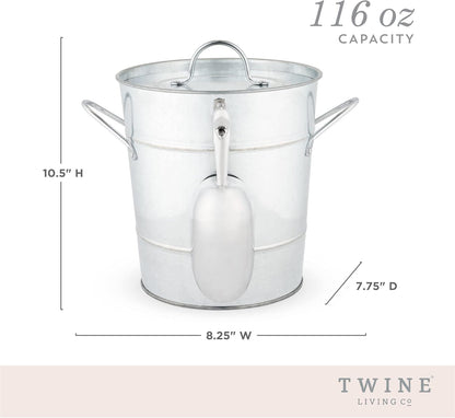 Twine Insulated Ice Bucket with Lid, Scoop & Handles for Beer, Wine, Champagne, Beverages, 1 Gal Galvanized Metal Bucket, Steel Ice Container for BBQs, Indoor & Outdoor Party Supplies, Bar Accessories