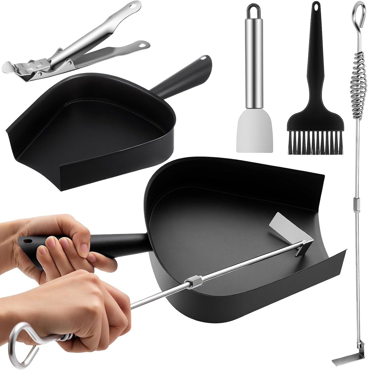 Chengu 5-Piece Charcoal Grill Ash Tool Set with Ash Pan, Poker Rake, Grate Lifter, Scraper & Brush for Charcoal Smoker and Wood Burning Stove, Stainless Steel BBQ Cleaning Kit