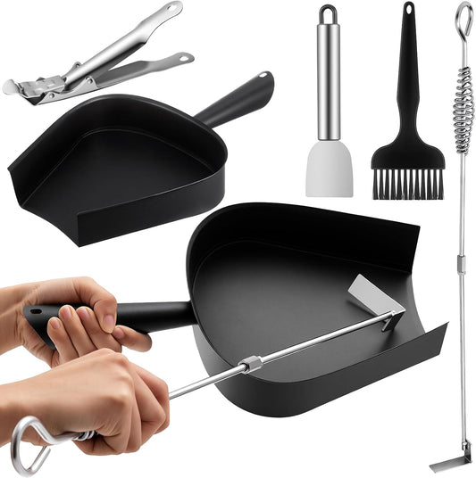 Chengu 5-Piece Charcoal Grill Ash Tool Set with Ash Pan, Poker Rake, Grate Lifter, Scraper & Brush for Charcoal Smoker and Wood Burning Stove, Stainless Steel BBQ Cleaning Kit