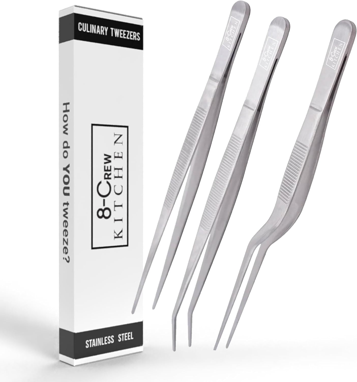 8-CREW KITCHEN Culinary Stainless Steel Tweezers, 6-inch Set of 3 Chef Precision Tongs for Plating, Decorating, Food Design, Bar and Multi-Purpose