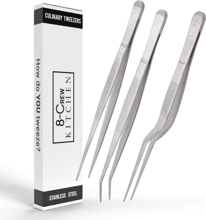 8-CREW KITCHEN Culinary Stainless Steel Tweezers, 6-inch Set of 3 Chef Precision Tongs for Plating, Decorating, Food Design, Bar and Multi-Purpose