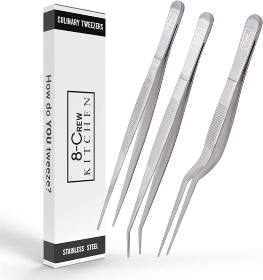 8-CREW KITCHEN Culinary Stainless Steel Tweezers, 6-inch Set of 3 Chef Precision Tongs for Plating, Decorating, Food Design, Bar and Multi-Purpose