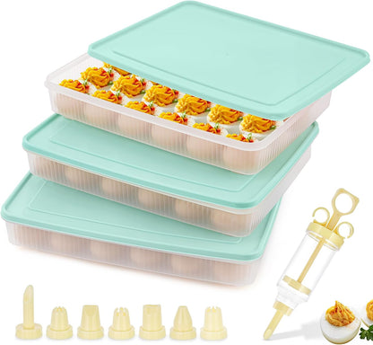 3 Pack Deviled Egg Containers with Lid and 8 Pcs Deviled Egg Injector Piping Tool, Egg Organizer for Refrigerator, Fridge Stackable Countertop Portable Egg Platter (pink,blue,green)
