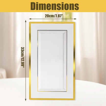 Uenhoy 8 Pcs White Plastic Serving Trays for Party 13" x 8" Rectangle Dessert Trays & Platters with Gold Trim, Fruit Tray Disposable Platters for Cupcake Cookie Dessert Appetizers