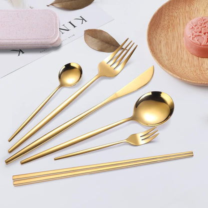 AARAINBOW 8 Pieces Stainless Steel Flatware Set Portable Reusable Cutlery Set Travel Utensils Set Including Chopsticks Knife Fork Spoon Straws Cleaning Brush Dishwasher Safe (Pink Golden)