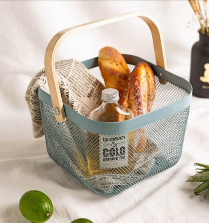 Mesh Steel Storage Organizer Basket Fruit Basket Bin with Wood Handle Ideal for Kitchen Bathroom Picnic Baskets Pantry Cabinets Storage Home Decor (White)