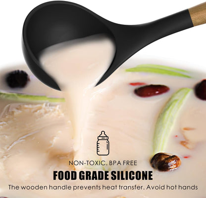 oannao Silicone Cooking Utensils Set - 446°F Heat Resistant Silicone Kitchen Utensils for Cooking,Kitchen Utensil Spatula Set w Wooden Handles, BPA FREE Gadgets for Non-Stick Cookware (Khaki)