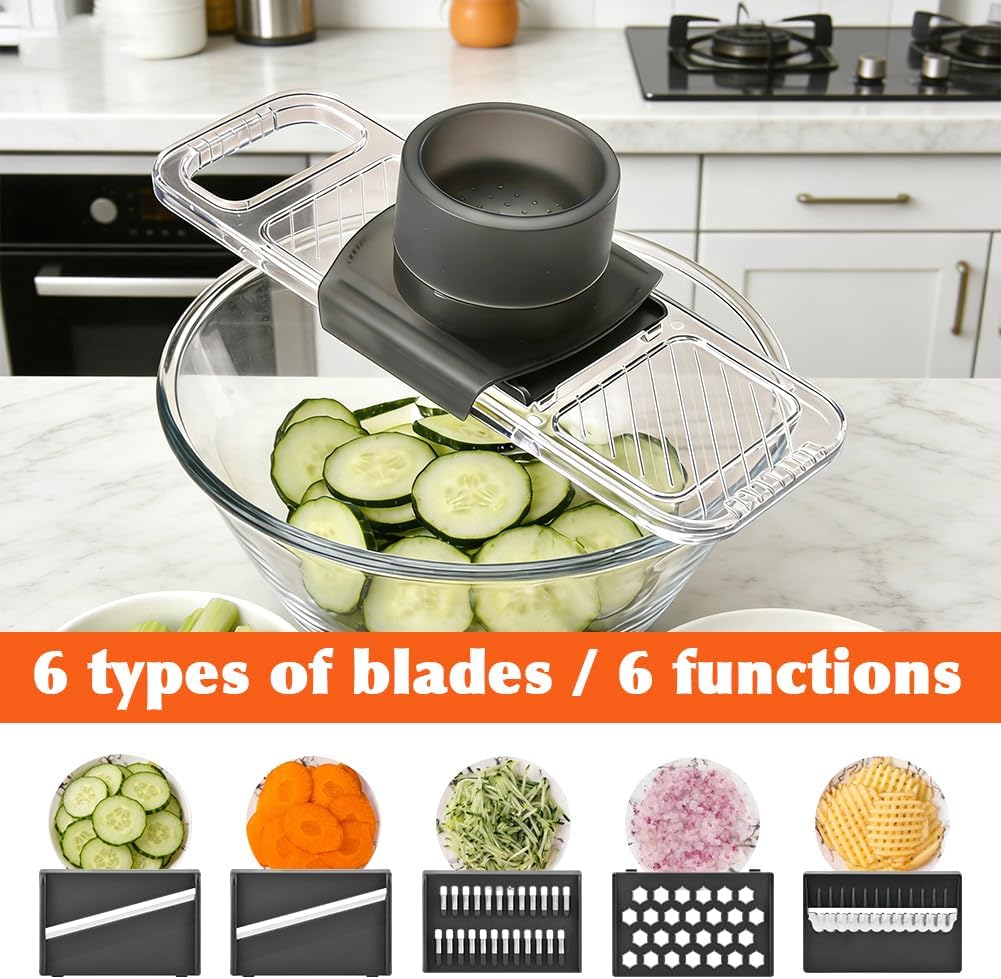 Multifunctional Mandoline Slicer with 6 Interchangeable Blades, Handheld Food Slicer with Safety Guard, Adjustable Stainless Steel Blade for Vegetable, Potato, Tomato, Onion