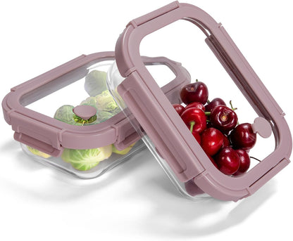 2-Pack Glass Food Storage Containers with Tempered Lids (21.3oz/2.7cup) - Airtight Snap Lock, Microwave & Oven Safe (-4℉~ 950°F), Freezer to Baking Dish, BPA-Free, Gift Box (Pink)