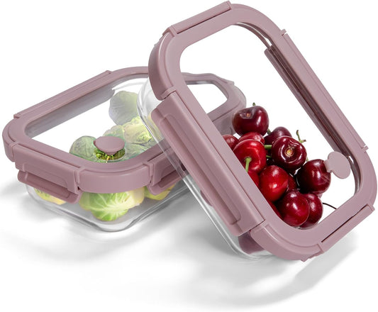 2-Pack Glass Food Storage Containers with Tempered Lids (21.3oz/2.7cup) - Airtight Snap Lock, Microwave & Oven Safe (-4℉~ 950°F), Freezer to Baking Dish, BPA-Free, Gift Box (Pink)