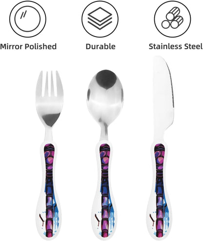 3-Piece Kids Silverware Set With Storage Case, Stainless Steel Reusable Children Safe Knife Spoon Fork Set Colorful Abstract Dragonfly Children Flatware Set For Kids Lunch Box