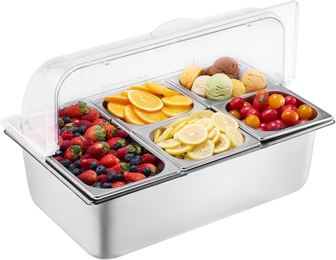 VEVOR Chilled Condiment Server Caddy, 5 Compartment Ice Cooled Serving Container, Plastic Fruit Garnish Tray Platter with Lid, for Taco Salad Bar Accessories, Party Home Restaurant Supplies