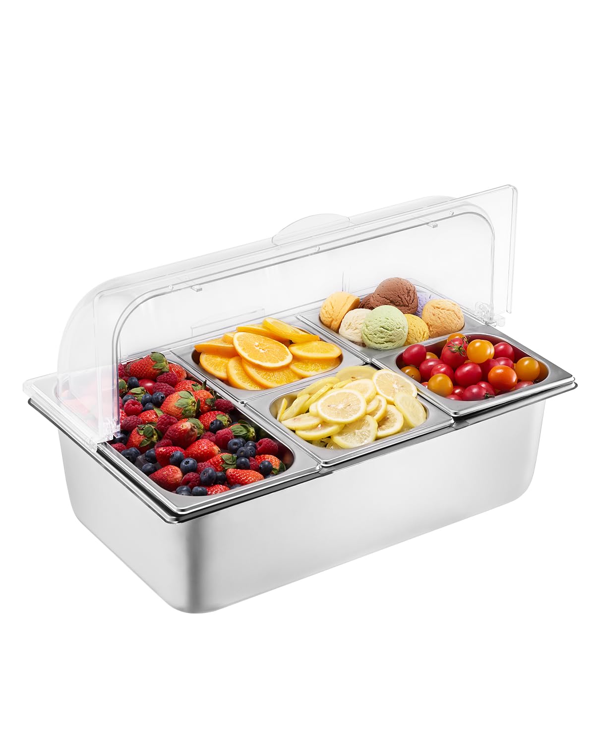 VEVOR Chilled Condiment Server, 4 Compartment Ice Cooled Condiment Serving Container, Chilled Garnish Tray Bar Caddy with Lid, for Bartending & Serving Taco, Salad, Fruit, Home & Restaurant Supplies