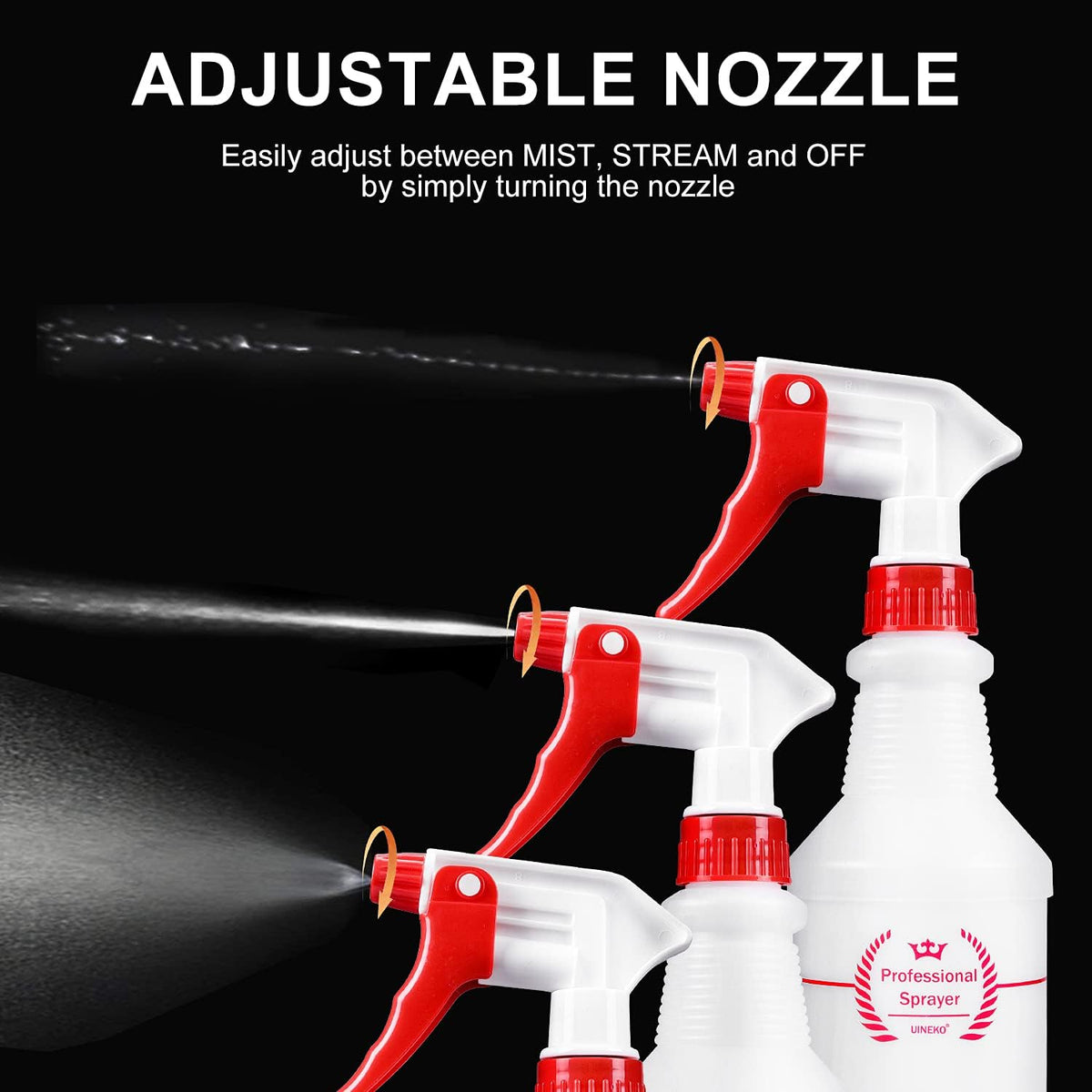 Uineko Empty Spray Bottles, Heavy Duty Sprayer, Mist & Stream, 4 Pack 24 Oz