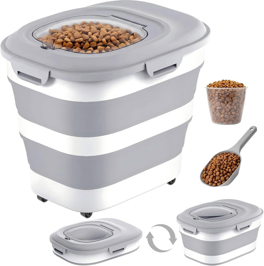40 Lbs Dog Food Storage Container with Wheels, Collapsible Pet Food Storage Container with Clear Window, 2 Measuring Cups and Scoop, BPA Free Cat Food Container for Rice, Flour, Grain, Bird Seed