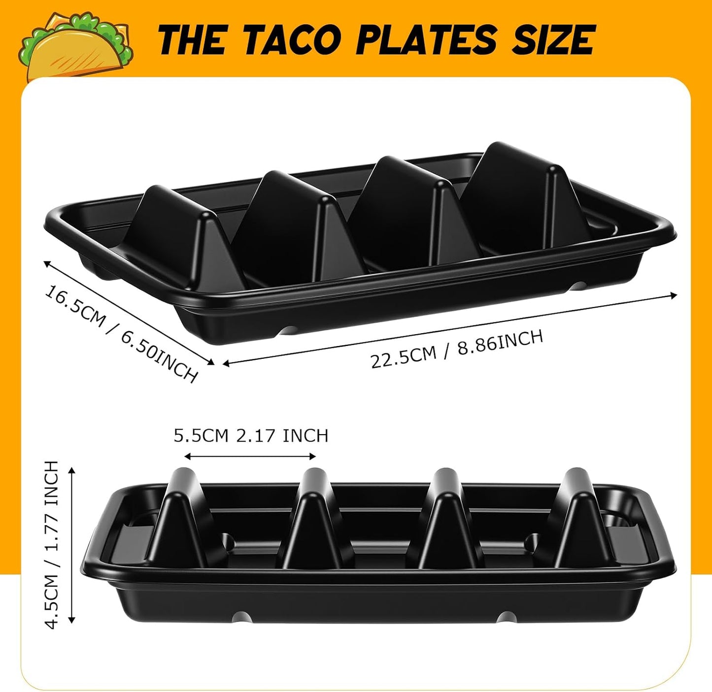 Baderke 100 Pcs Disposable Taco Holders for Party, Disposable Plastic Taco Plates with 3 Dividers, Premium PP Tacos Tray Serving Set for Tacos Tuesday, Fiesta Party Bar Supplies
