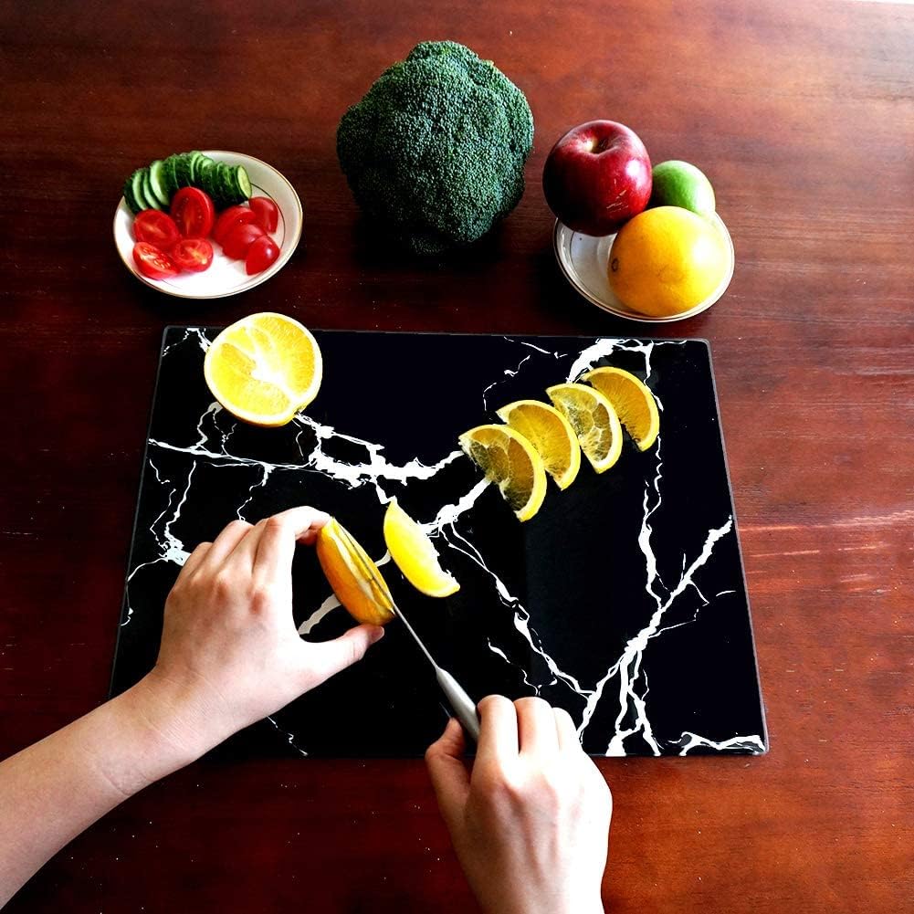 VASUHOME Tempered Glass Cutting Board Set of 2-16x12 inch Marble Pattern Cutting Board for Kitchen Counter - Scratch, Heat, Shatter Resistant and Easy to Clean- Black and Clear