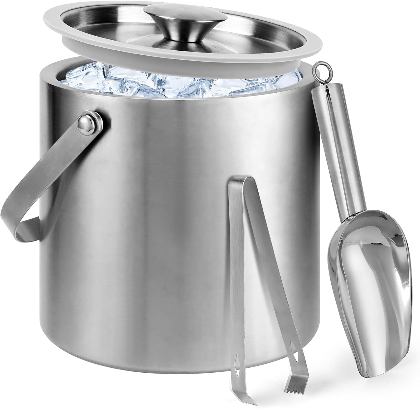 Ice Bucket, 4L Double Wall Insulated Ice Bucket with Lid,Scoop,Tongs- Inner Layer 304 Stainless Steel Ice Container Keep Ice Frozen Longer- Ideal for Cocktail Bar,Parties (4L)