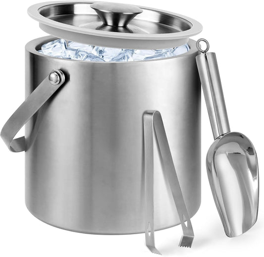 Ice Bucket, 4L Double Wall Insulated Ice Bucket with Lid,Scoop,Tongs- Inner Layer 304 Stainless Steel Ice Container Keep Ice Frozen Longer- Ideal for Cocktail Bar,Parties (4L)