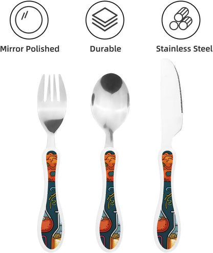 3-Piece Kids Silverware Set With Storage Case, Stainless Steel Reusable Children Safe Knife Spoon Fork Set Blue Active Girl Running Sunset Children Flatware Set For Kids Lunch Box - Colors B