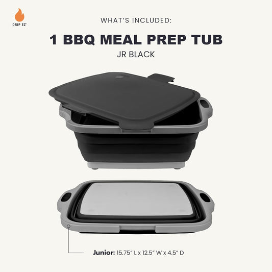 Drip EZ Collapsible BBQ Prep Tub - for Meal Prep Marinating Food Storage - Includes Cutting Board & Locking Lid - (1) XL - Black