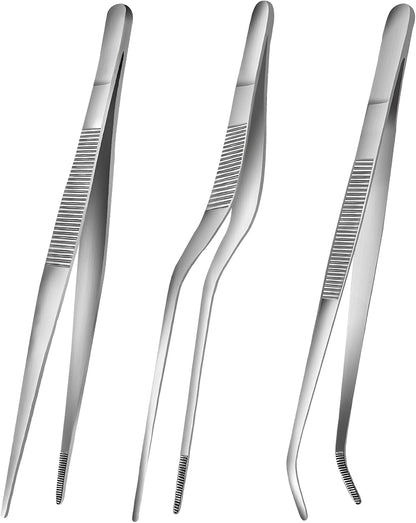 6.3 Inch Food Tweezers Stainless Steel with Precision Serrated Tips, 5PCS Kitchen Tweezers Set for Cooking, Baking, Cookie Cake Decoration, Metal Plating Tweezers