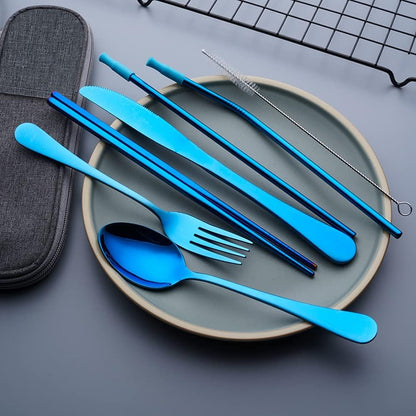 Travel Utensils Set with Case Reusable Portable Cutlery Set Stainless Steel 8pcs Including Dinner Knife Fork Spoon Chopsticks Straws(Rainbow)