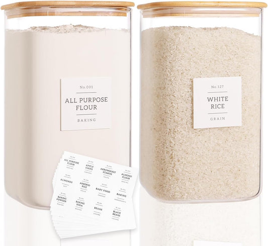 CZZGSM 2 Pack Square Glass Flour and Sugar Containers with 132 Kitchen Pantry Labels - Thicken 149 FL OZ Large Glass Storage Jars with Airtight Bamboo Lid - Big Food Canisters for Rice, Pasta, Cookie