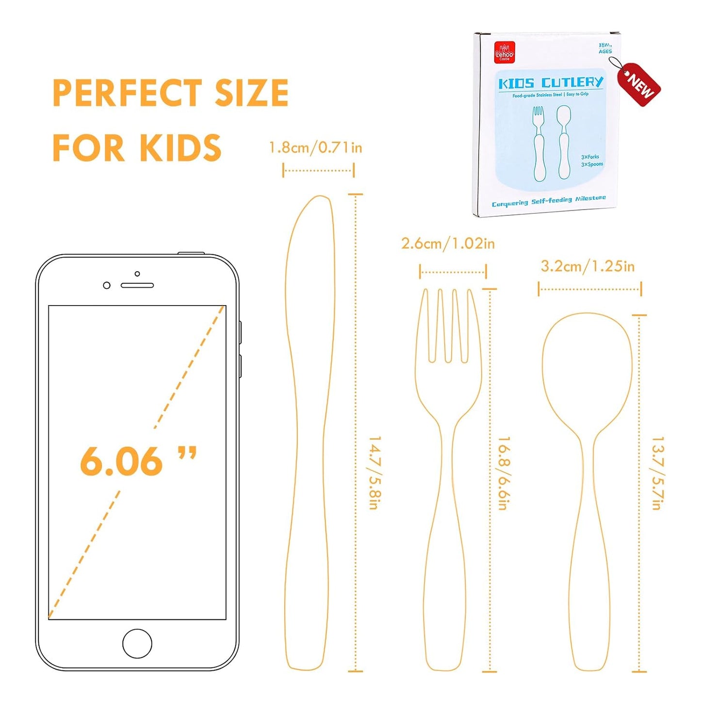 Lehoo Castle 6 Pieces Toddler Utensils, Kids Silverware for 2 3 4 Years Old, Stainless Steel Fork and Spoon Set with Plastic Handle, Safe Toddler Cutlery (Dinosaur)