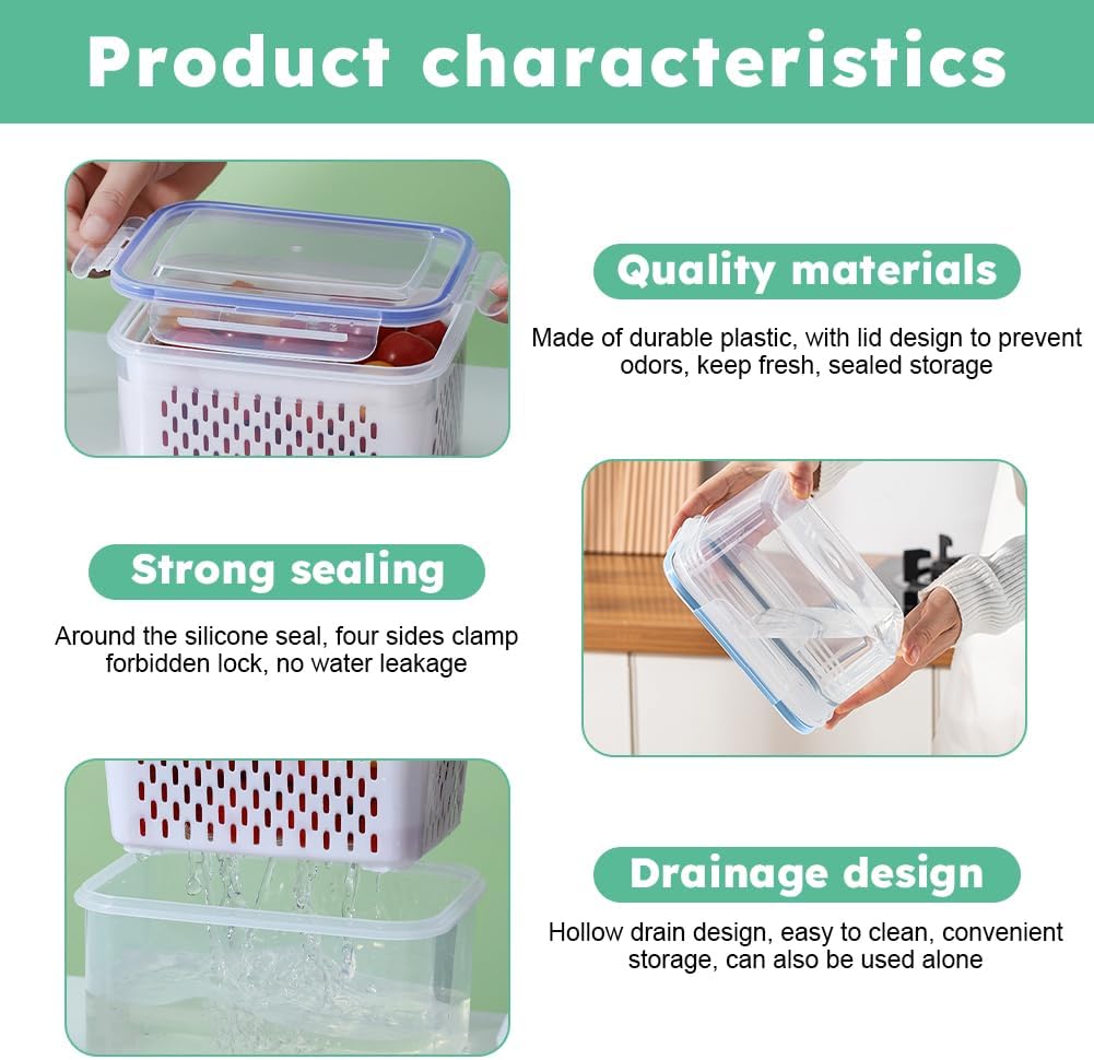 2 Pcs Fruit Storage Containers for Fridge with Removable Colander & Lid