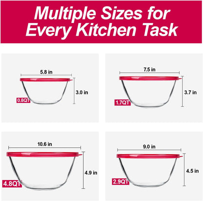 KOMUEE 4 Pack Glass Mixing Bowls Set with Lids (4.8QT, 2.9QT, 1.7QT, 0.8QT), Glass Nesting Bowls for Kitchen Baking, Cooking and Serving, Oven, Dishwasher, Freezer, and Microwave Safe