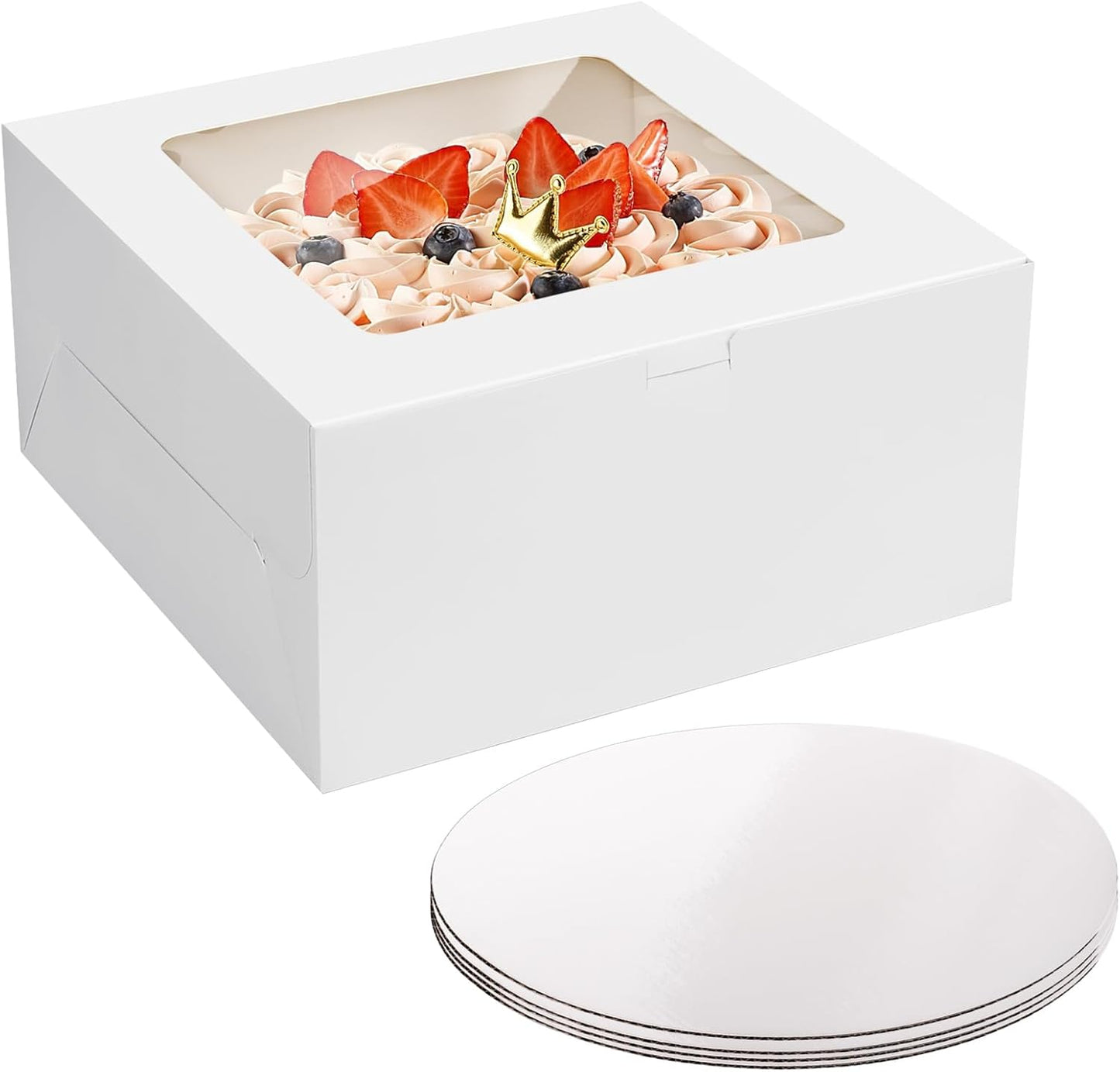 WINKIO 10 Inch Cake Box with Cake Boards, 2 Pack Disposable Cake Carrier, Cakes Transport Container, White Bakery Holder with Window, for Cookies Pies Cupcakes Pastry (10×10×8 Inches)