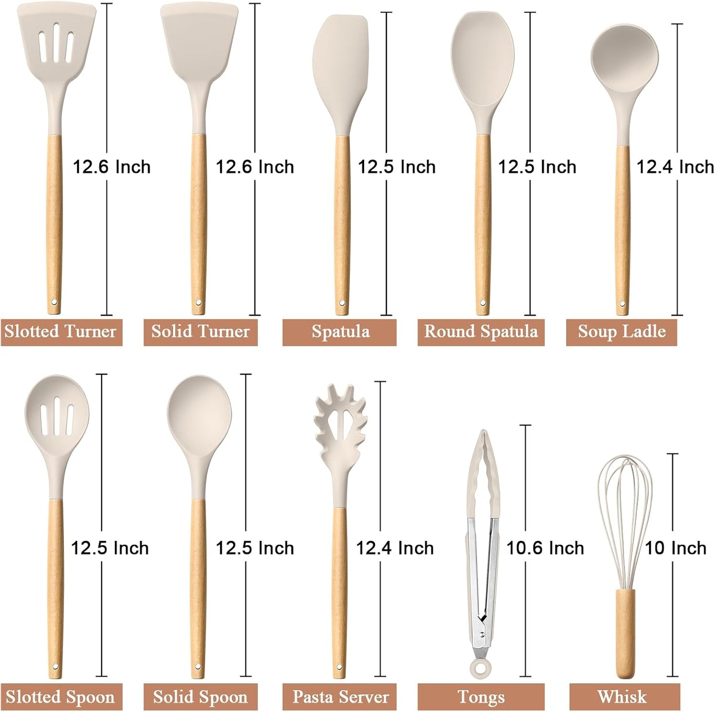 HaWare Silicone Cooking Utensils Set, 10-Piece Chef Kitchen Non-Stick Cookware with Wooden Handle, 450°F Heat Resistant - Khaki