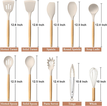 HaWare Silicone Cooking Utensils Set, 10-Piece Chef Kitchen Non-Stick Cookware with Wooden Handle, 450°F Heat Resistant - Khaki
