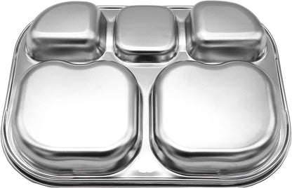 Korean Stainless Steel Divided Plates for Adults, Teens, Premium 304, Electro-Polished, No Black Residue, BPA-Free, Large 5-Compartment Food Tray, Diet Portion Control, Camping, Set of 2