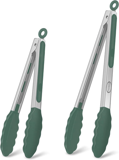TACGEA Stainless Steel Kitchen Tongs with Silicone Tips, Locking Grilling Food Tongs, 7" 9" and 12", Set of 3 Black