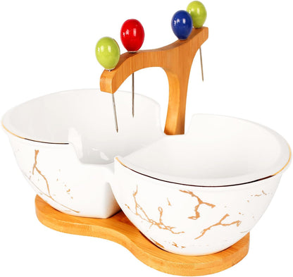 Chip and Dip Bowl Serving Set, Ceramic White Divider Bowl with bamboo base and 4 pcs forks, 34 Oz Seasonings side dishes Bowl Buffet Serving Set, for Entertainment parties, leisure
