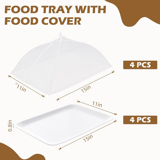 Baderke 8 Pack Plastic Serving Trays with Food Covers 15" x 11" Reusable Serving Platters 16" x 12" Foldable Mesh Food Tents Christmas Party Supplies Set for Outdoor Picnics Bar Fruit Cookies Dessert