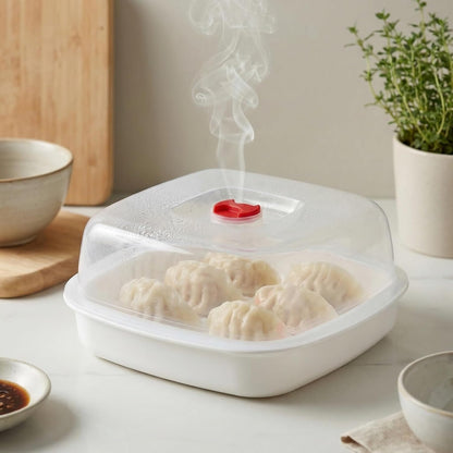 MAGICLULU Microwave Vegetable Steamer with Lid and Tray - 8.26" Square Microwave Heating Bowl for Fish, Dumplings, Meat - Micro Cookware for Cooking for Home, Gem, Office Kitchen (White)