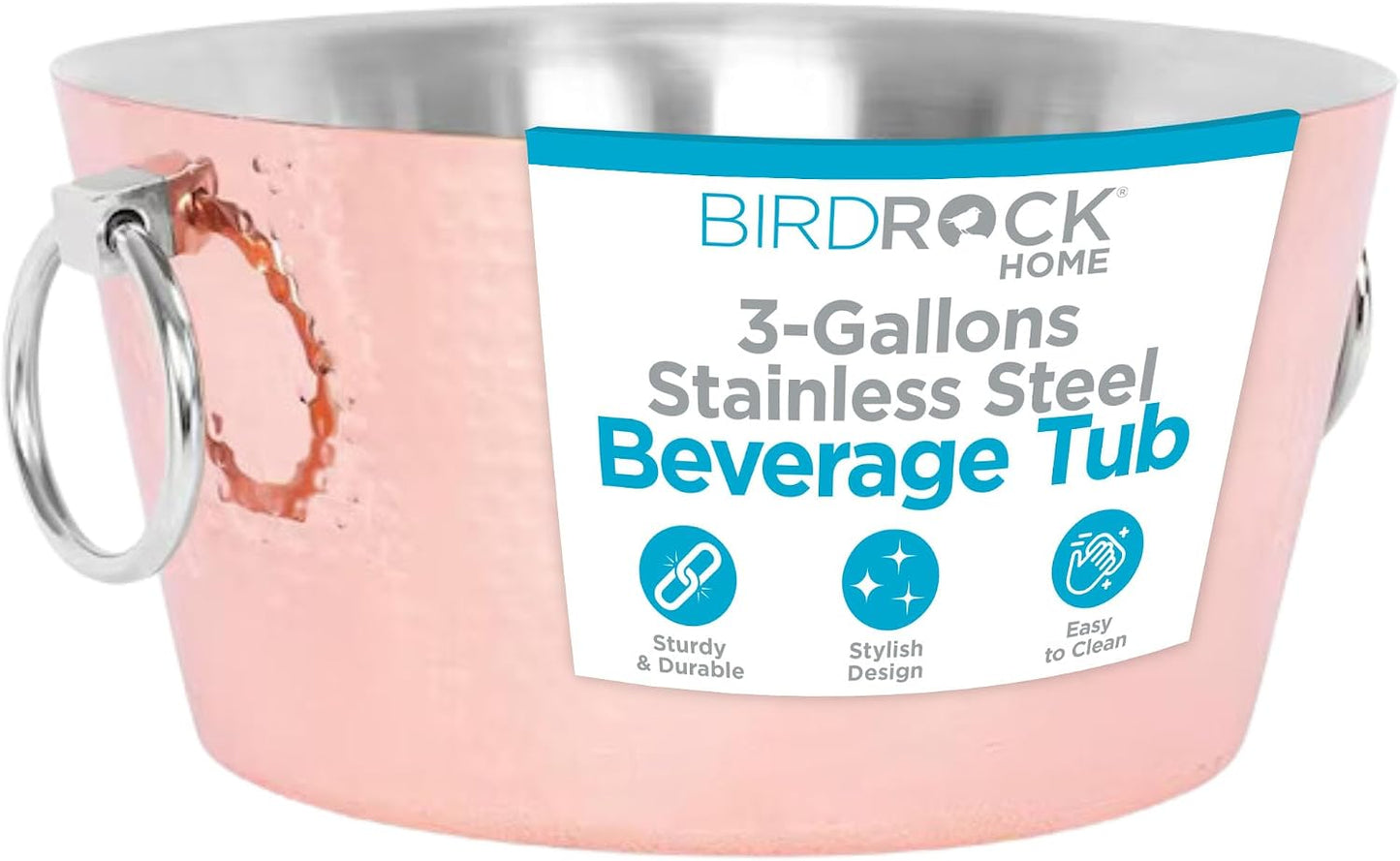 BIRDROCK HOME Hammered Stainless Steel Round Beverage Tub with Handles - Double Wall Insulated 3 Gallons - Metal Drink Cooler & Ice Bucket for Parties - Outdoor Aluminum Holder for Bottles & Soda