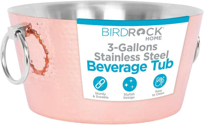 BIRDROCK HOME Hammered Stainless Steel Round Beverage Tub with Handles - Double Wall Insulated 3 Gallons - Metal Drink Cooler & Ice Bucket for Parties - Outdoor Aluminum Holder for Bottles & Soda