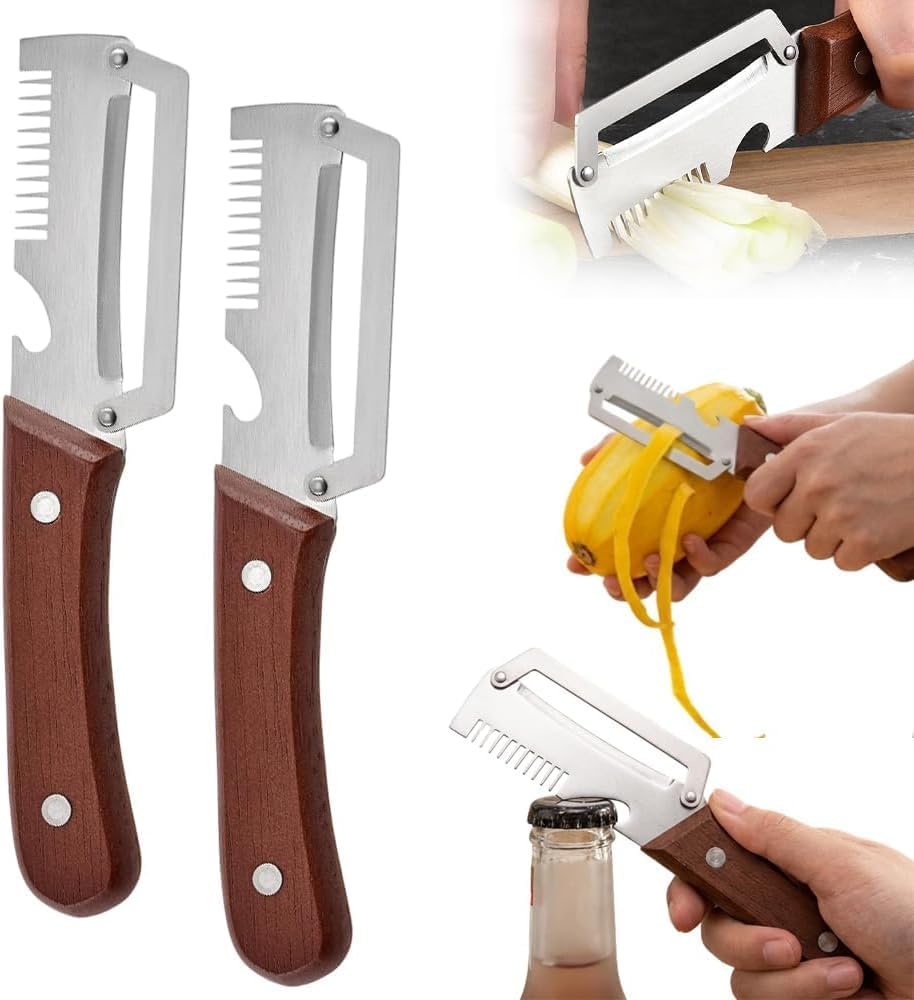 3-in-1 Vegetable Peeler with Wooden Handle – Stainless Steel Swivel Peeler, Julienne Shredder & Bottle Opener – Heavy Duty Kitchen Tool for Potatoes, Carrots, Zucchini, Cucumber（2PCS)