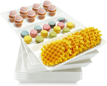 Divided Serving Tray Platter, 4 Pack 15" x 10" Fruit Veggie Food Tray for Party, Plastic Serving Trays for Appetizer, Snack, Dessert, Cookie, Brunch Decorations Platters, White Trays BPA-Free