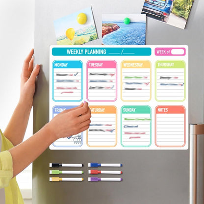 NUOBESTY 1set Magnetic Dry Erase Weekly Meal Planner Board Reusable Fridge Calendar for Easy Organization Includes Cups Towel for Home Office Use