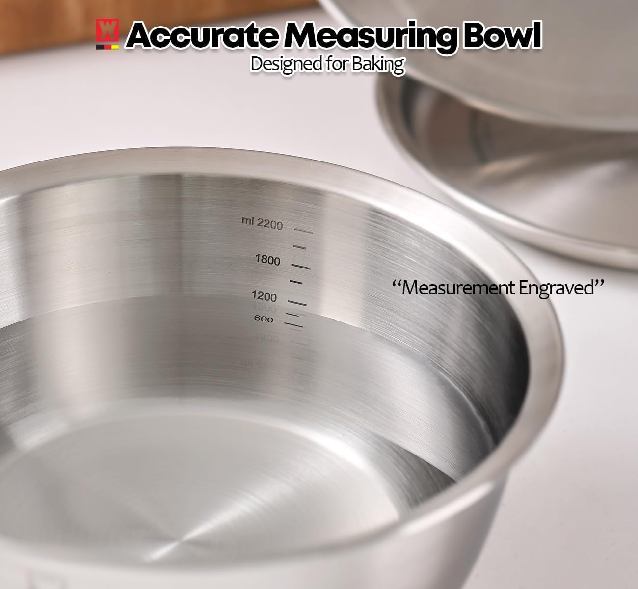 WAGENSTEIGER 3-Piece Stainless Steel Mixing Bowl Set with Strainer & Oil Drain Tray – Nesting Prep & Baking Bowls with Measurement Marks (9.45 in)