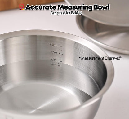 WAGENSTEIGER 3-Piece Stainless Steel Mixing Bowl Set with Strainer & Oil Drain Tray – Nesting Prep & Baking Bowls with Measurement Marks (9.45 in)