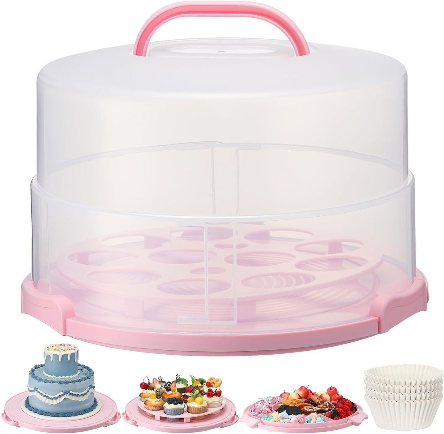Teenyyou 12 Inch Large Cake Carrier with Lid and Handle for 12" Round 7" High Cake Adjustable Plastic Pies Carrier Portable Cupcakes Transport Container for Cookies Pizza and More(Pink)